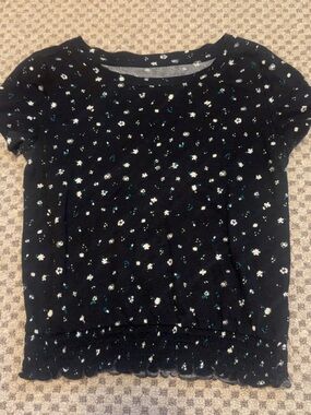 SO Black Short-Sleeve Floral Tee with Scalloped Hem